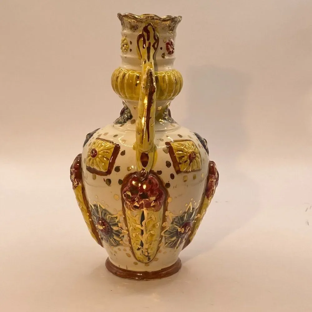 Pompeyi Bejeweled Signed Majolica Ceramic Vase Double Handle Gold Embossed